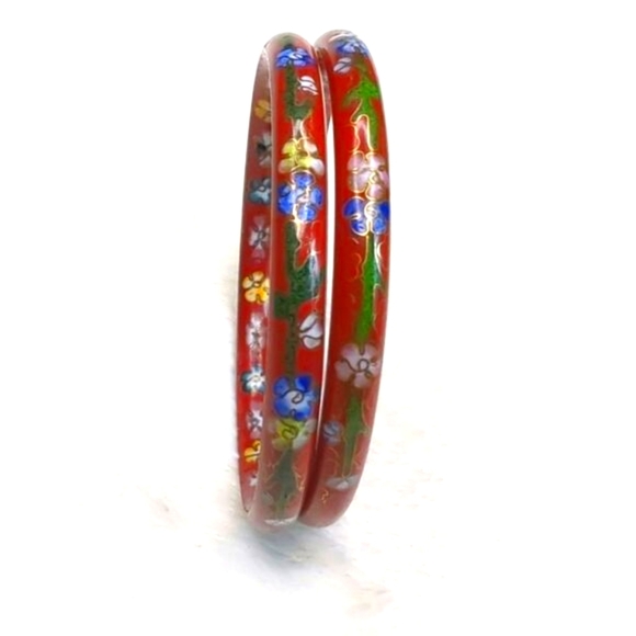 Vintage 70's Chinese Cloisonne Rusty Red Bangle Bracelets Qty 2 - Picture 1 of 10